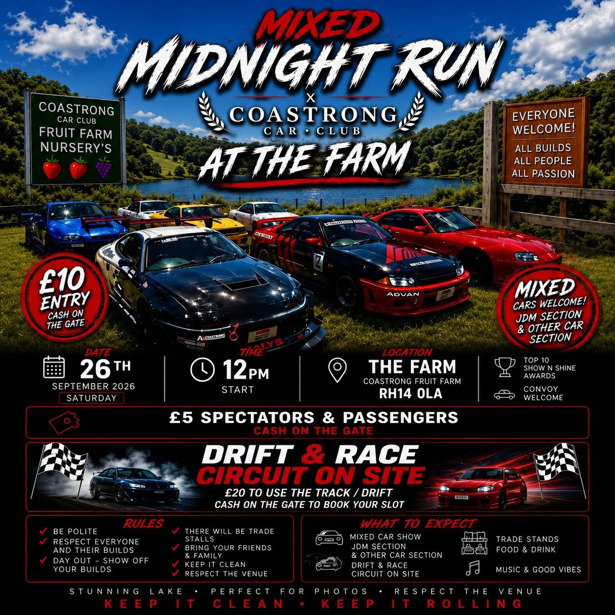 Mixed Midnight Run x Coastrong Car Club At The Farm — JDM car meet in International on Saturday 26 September 2026