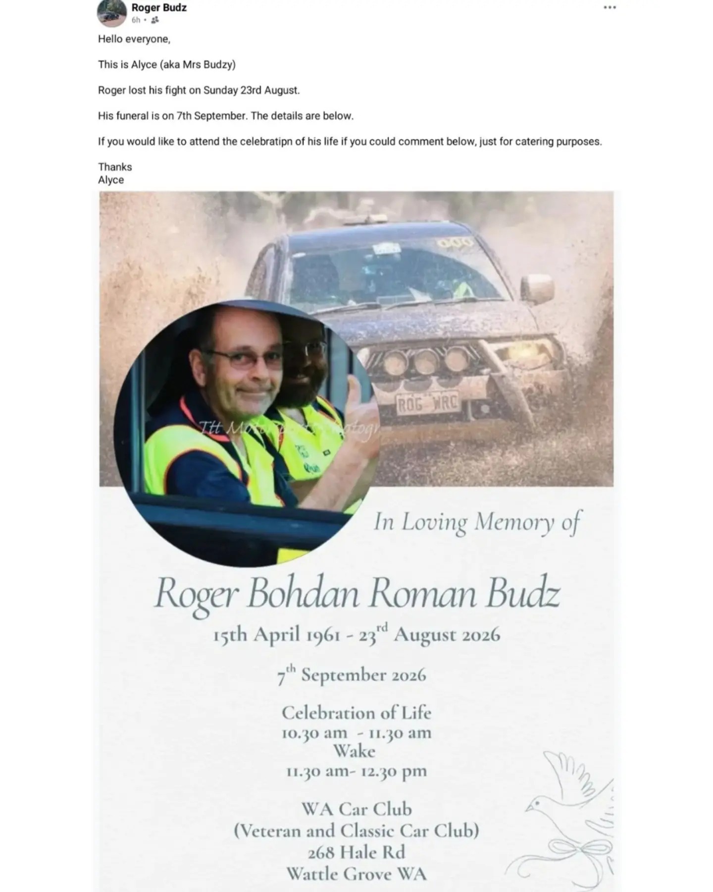 Celebration of Life for Roger Budz — Classic/JDM car meet in Perth, WA on Monday 7 September 2026