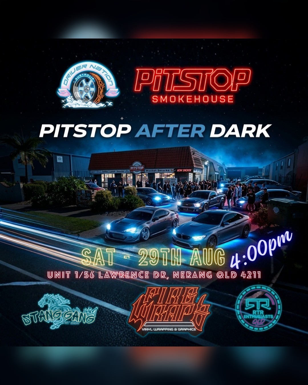 Pitstop After Dark — JDM/Euro car meet in Gold Coast, QLD on Saturday 29 August 2026