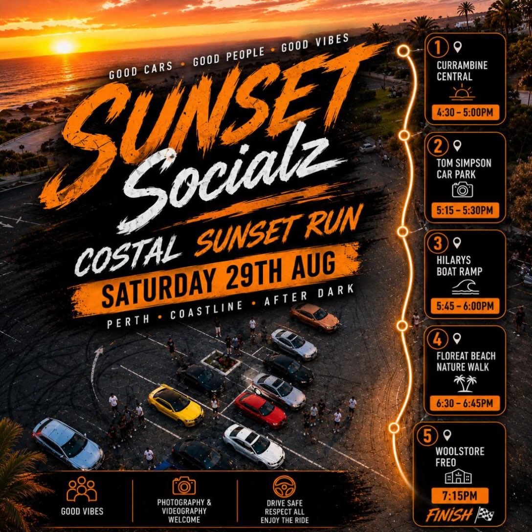 Coastal Sunset Run — car meet in Perth, WA on Saturday 29 August 2026