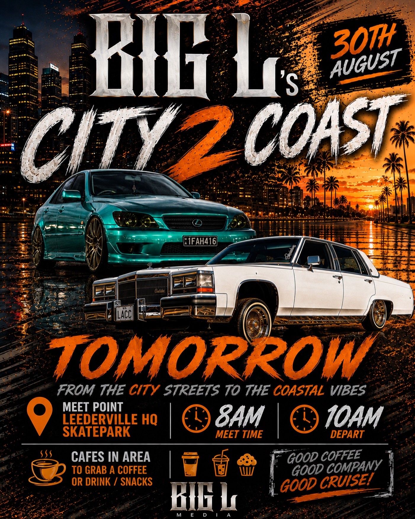 Big L's City 2 Coast — JDM/Classic car meet in Perth, WA on Sunday 30 August 2026