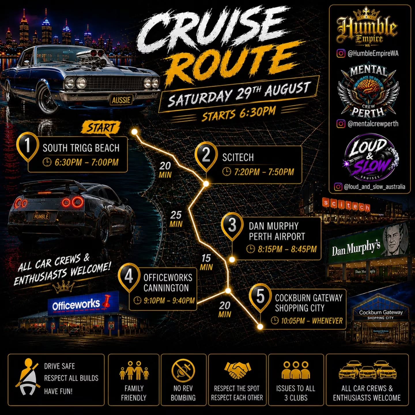 Cruise Route — JDM/Muscle car meet in Perth, WA on Saturday 29 August 2026