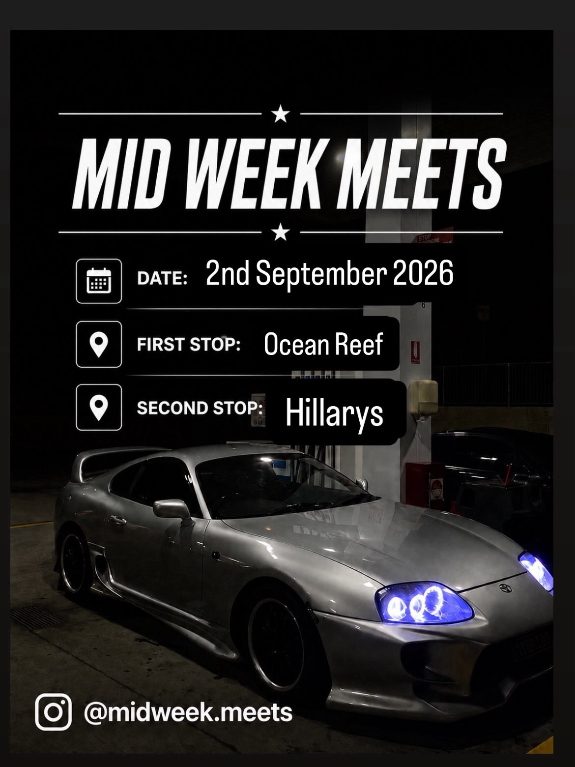 Mid Week Meets — JDM car meet in Perth, WA on Wednesday 2 September 2026