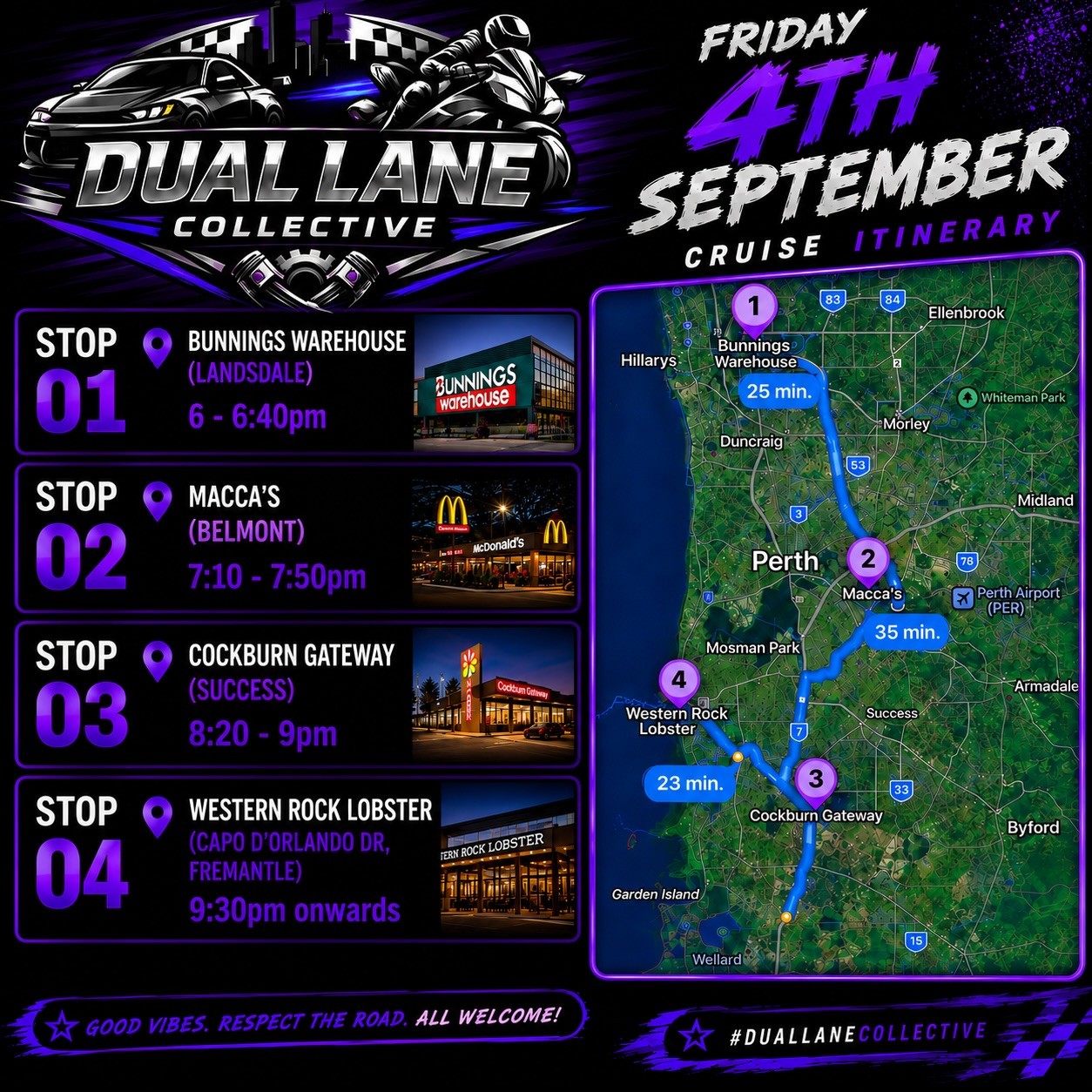 Dual Lane Collective Cruise — JDM car meet in Perth, WA on Friday 4 September 2026