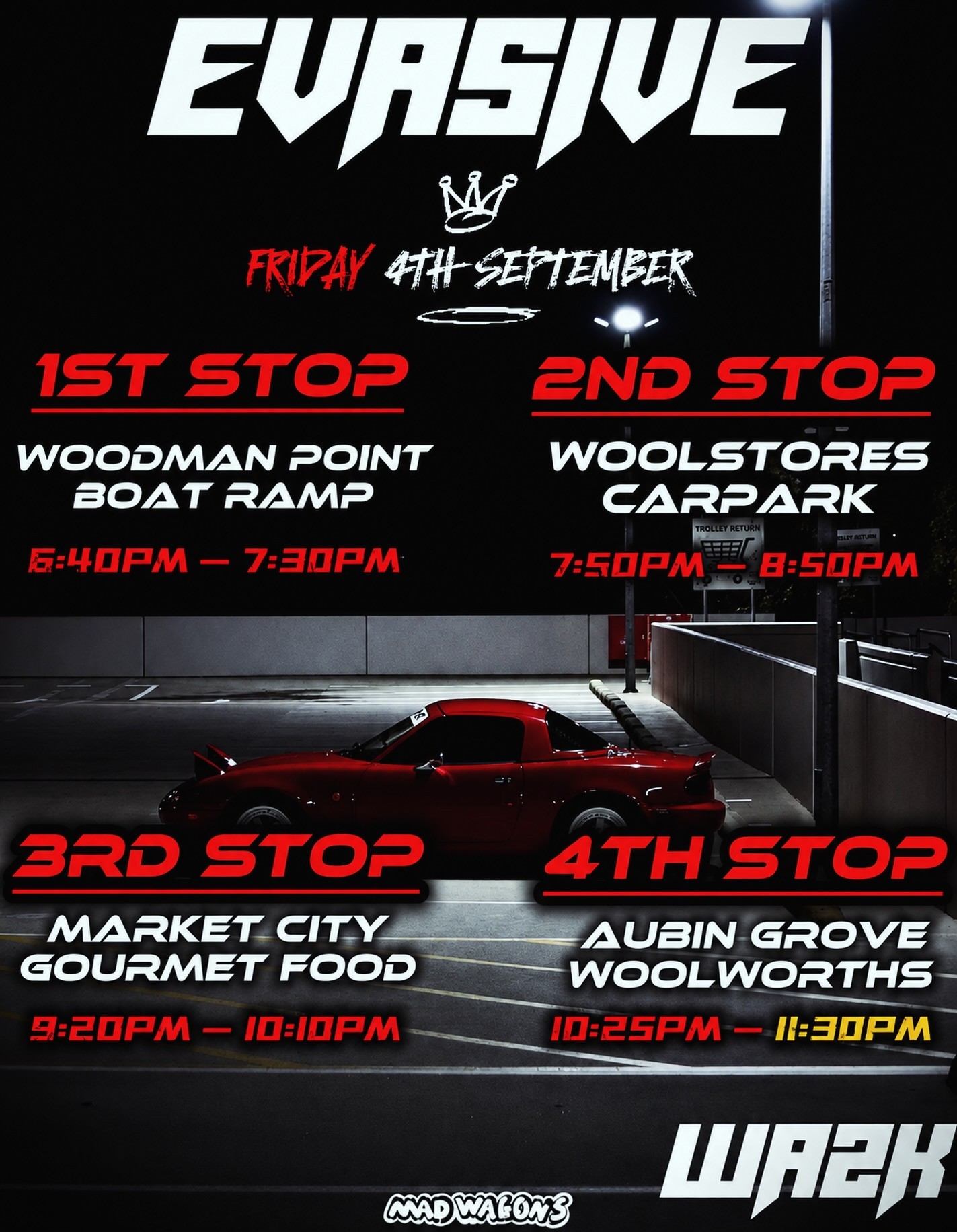 Evasive Central Run — JDM car meet in Perth, WA on Friday 4 September 2026