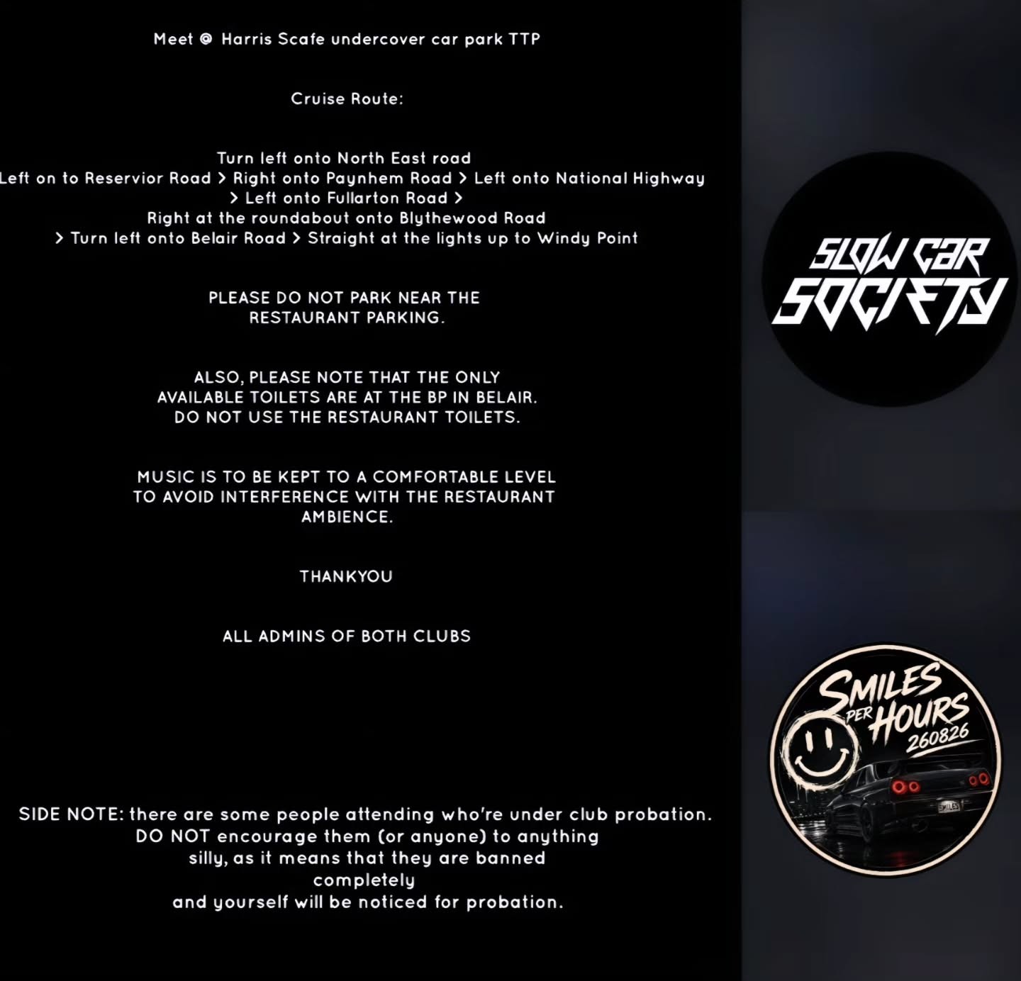 Slow Car Society x Smiles Per Hour Father's Day Cruise — Stance/JDM car meet in Adelaide, SA on Friday 4 September 2026