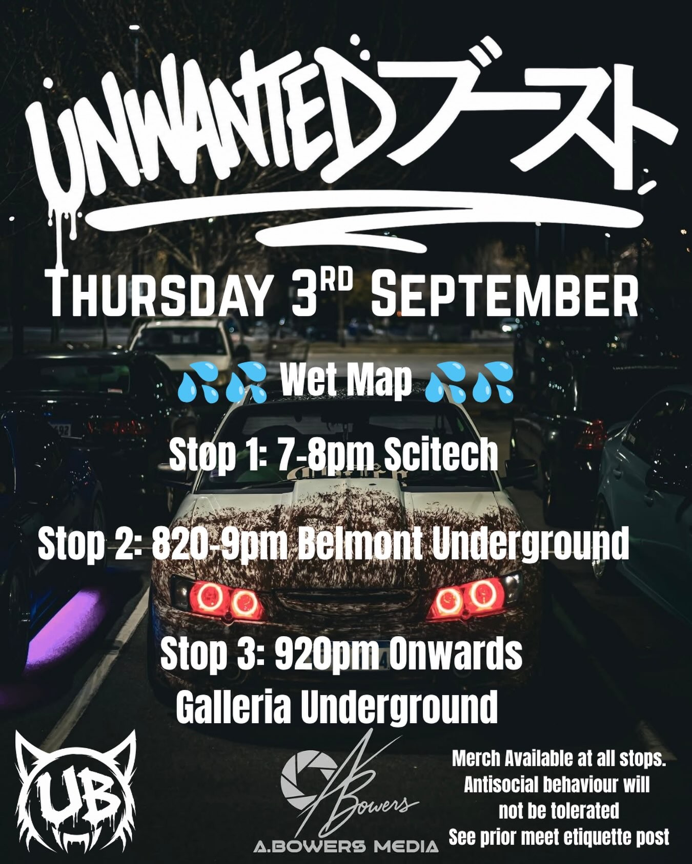 Unwanted Boost Wet Map Cruise — JDM car meet in Perth, WA on Thursday 3 September 2026