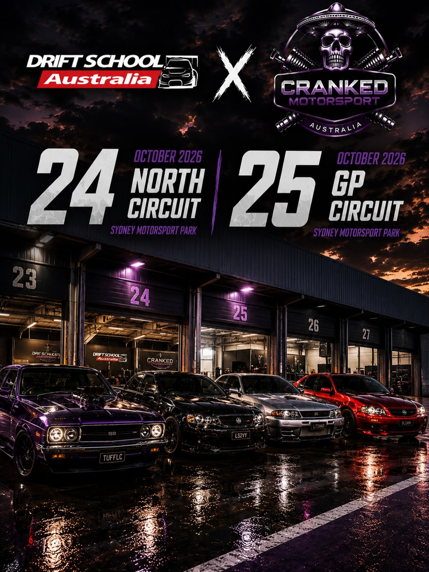 Cranked Motorsport x Drift School Australia — JDM/Muscle spectator event in Sydney, NSW on Saturday 24 October 2026