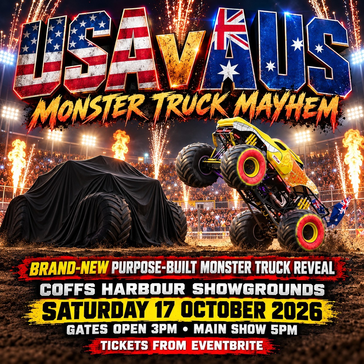 USA v AUS Monster Truck Mayhem — 4x4 spectator event in Coffs Harbour, NSW on Saturday 17 October 2026