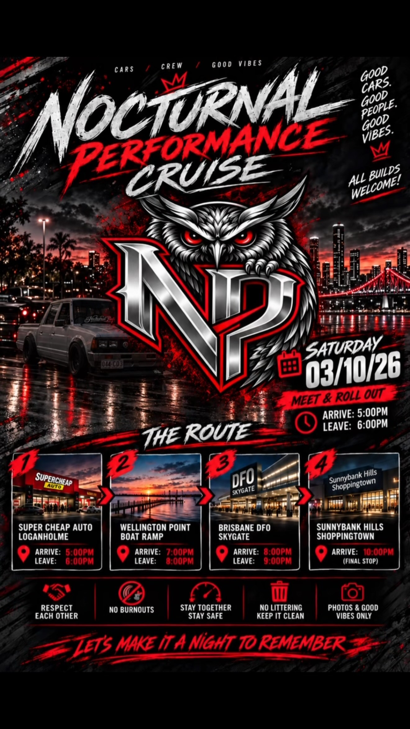 Nocturnal Performance Cruise — JDM/Muscle car meet in Brisbane, QLD on Saturday 3 October 2026
