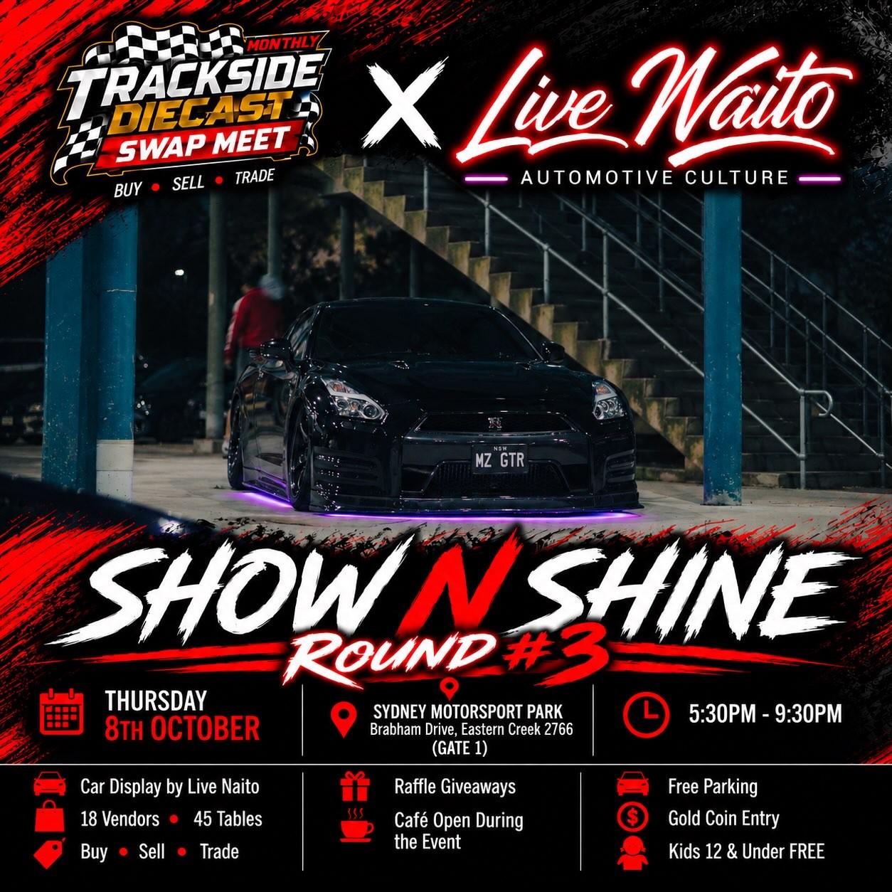Trackside Diecast Swap Meet x Live Naito Show N Shine Round #3 — Classic/JDM car meet in Sydney, NSW on Thursday 8 October 2026