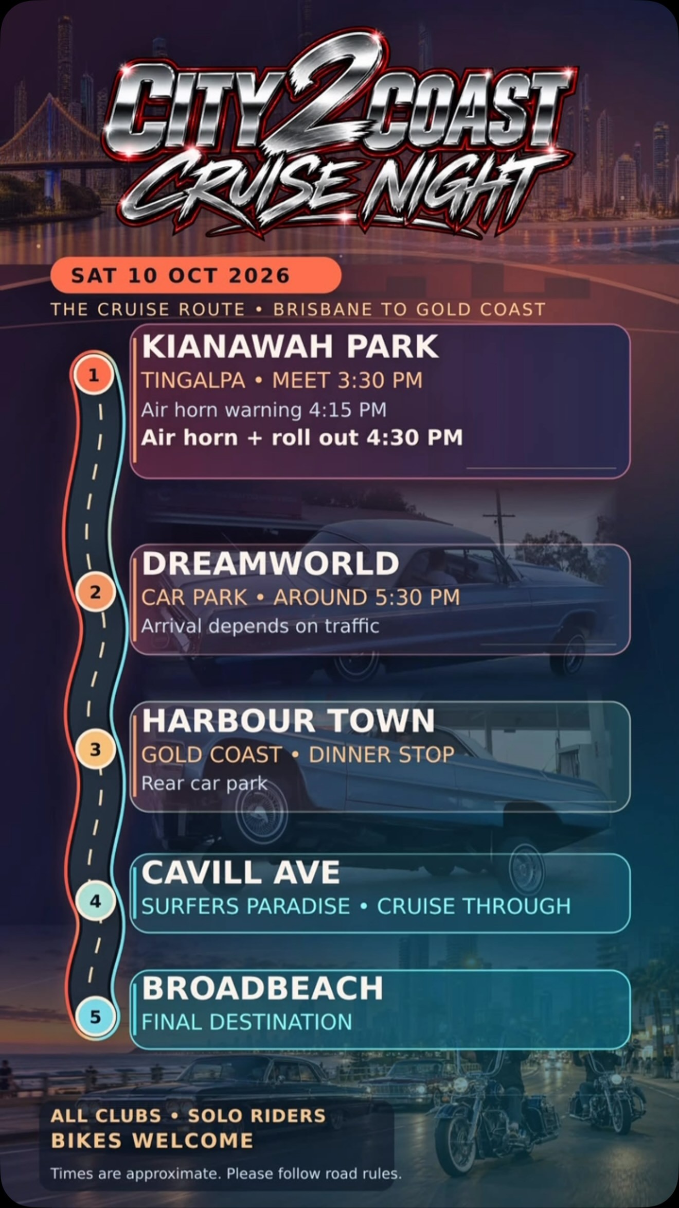 City 2 Coast Cruise Night — Classic car meet in Brisbane, QLD on Saturday 10 October 2026