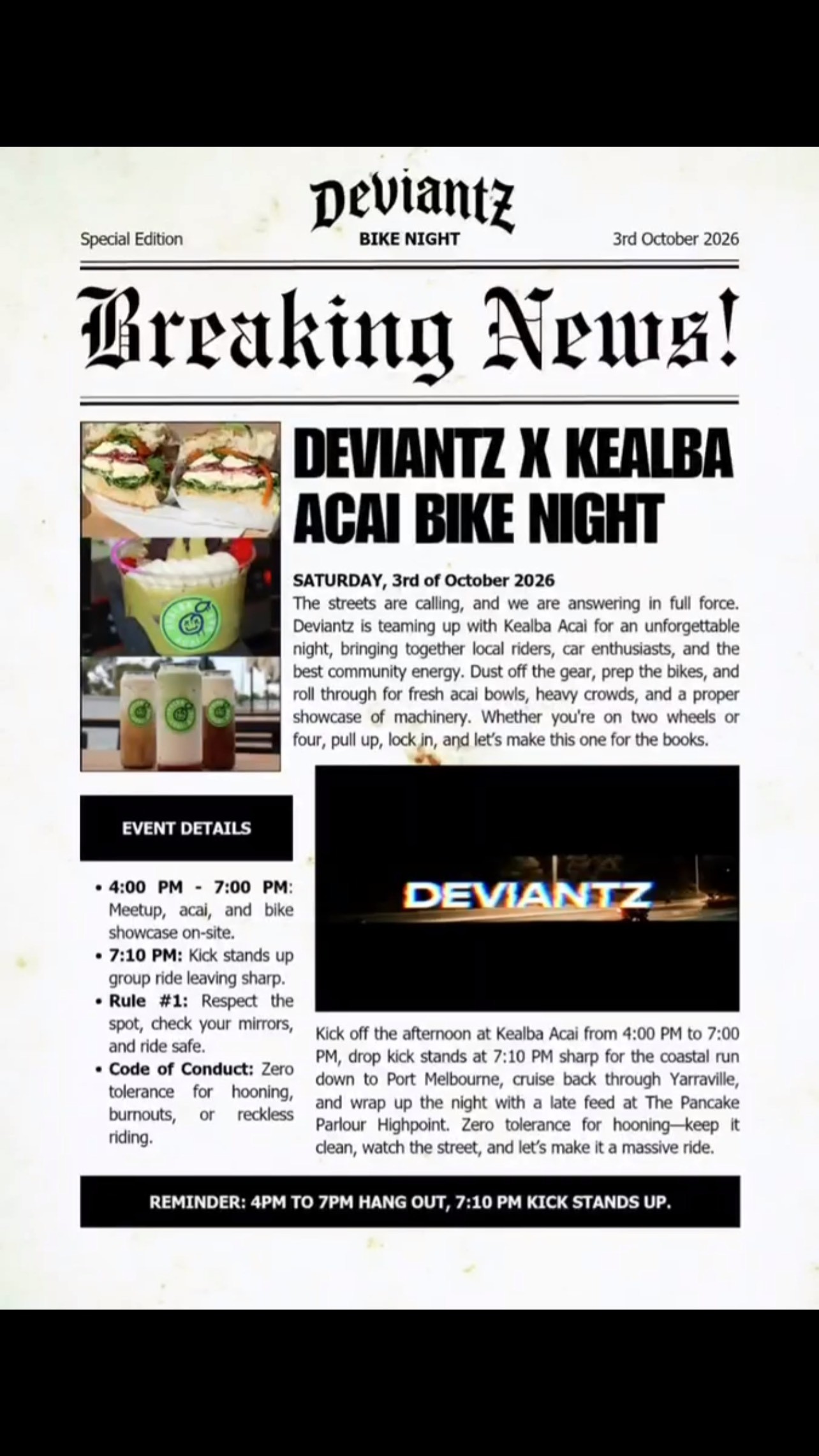 Deviantz x Kealba Acai Bike Night — car meet in Melbourne, VIC on Saturday 3 October 2026