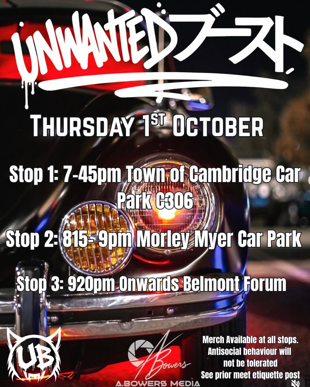 Unwanted Boost Night Cruise — JDM car meet in Perth, WA on Thursday 1 October 2026