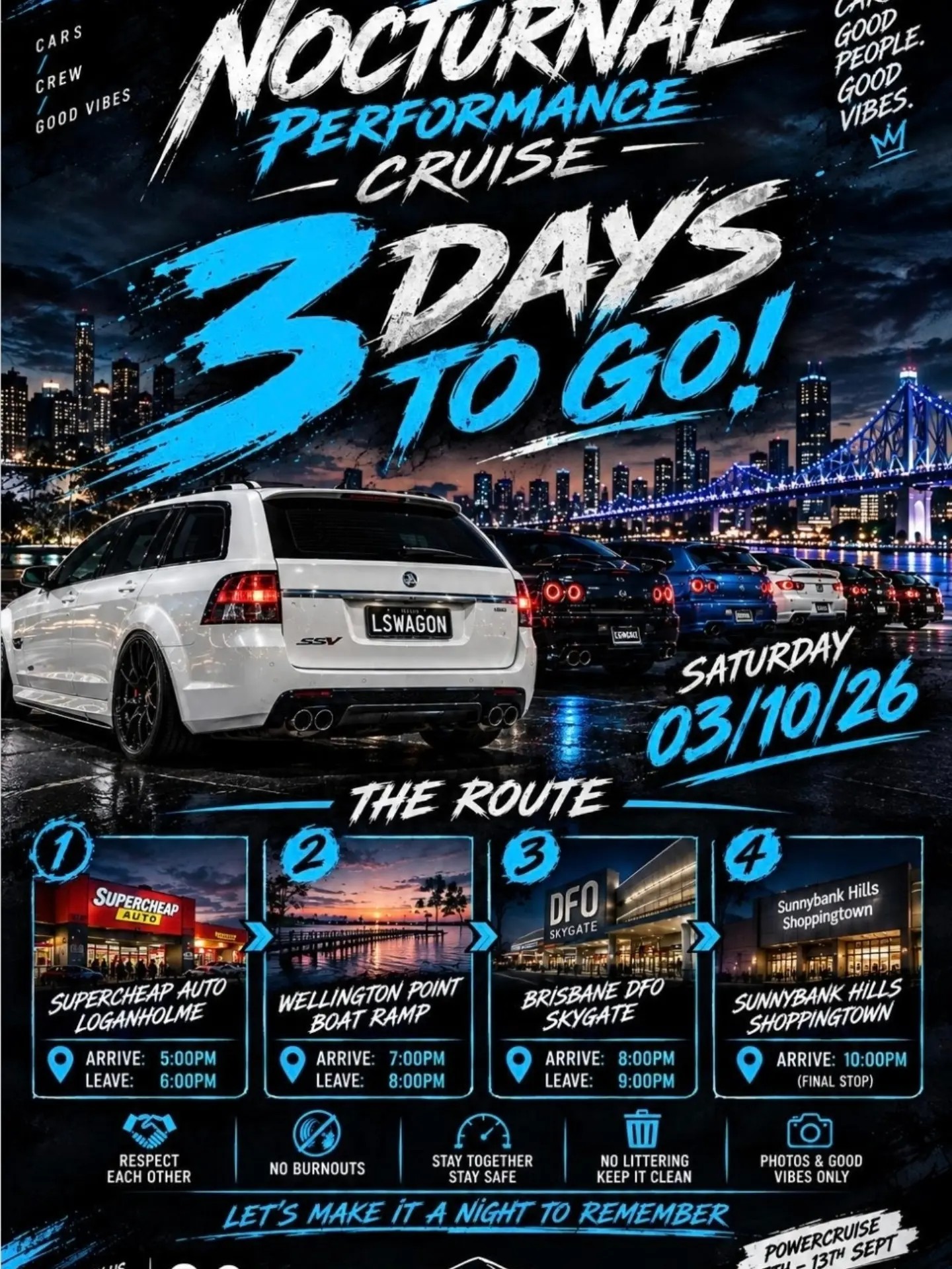 Nocturnal Performance Cruise — JDM/Muscle car meet in Brisbane, QLD on Saturday 3 October 2026
