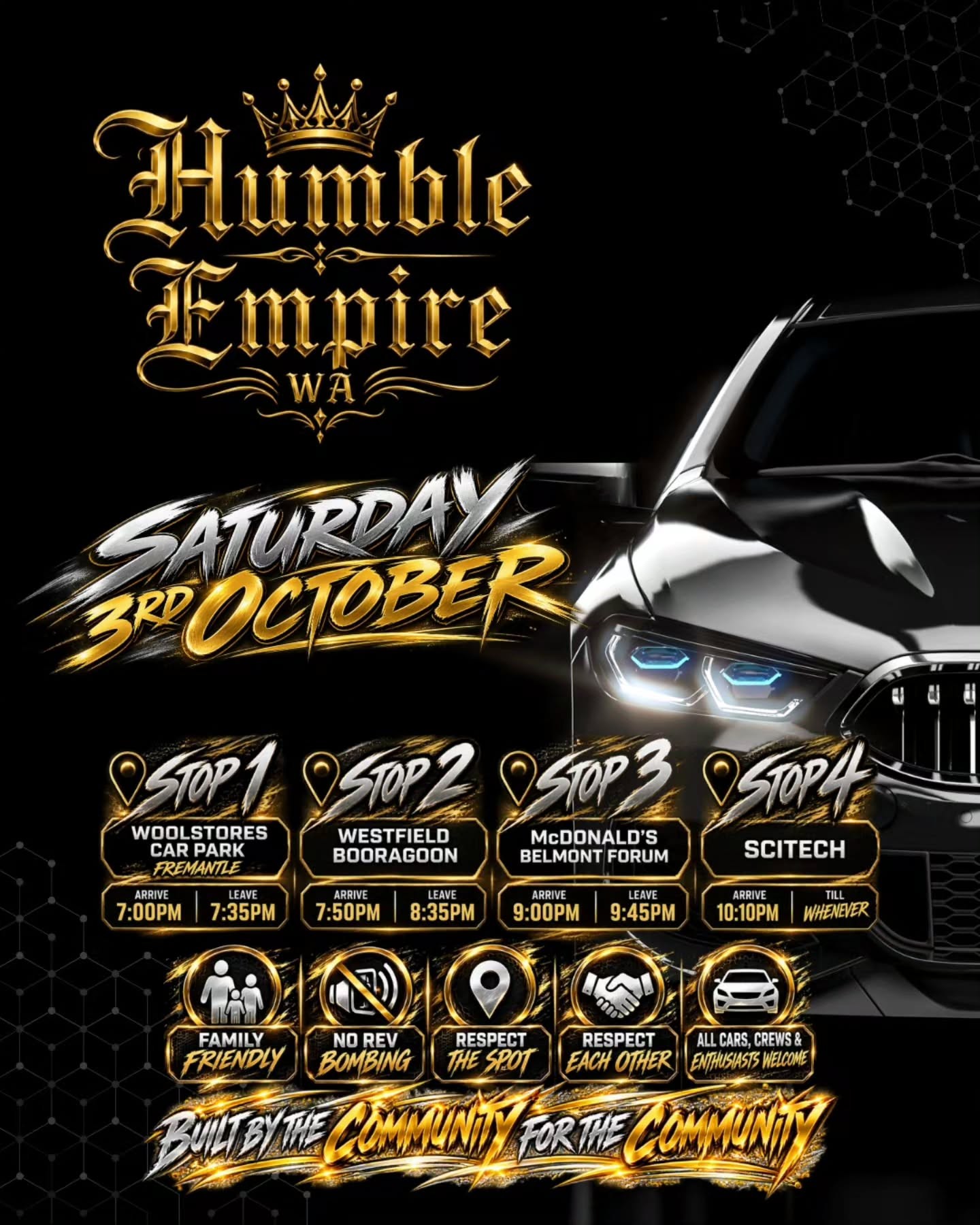 Saturday Night Cruise — Stance car meet in Perth, WA on Saturday 3 October 2026