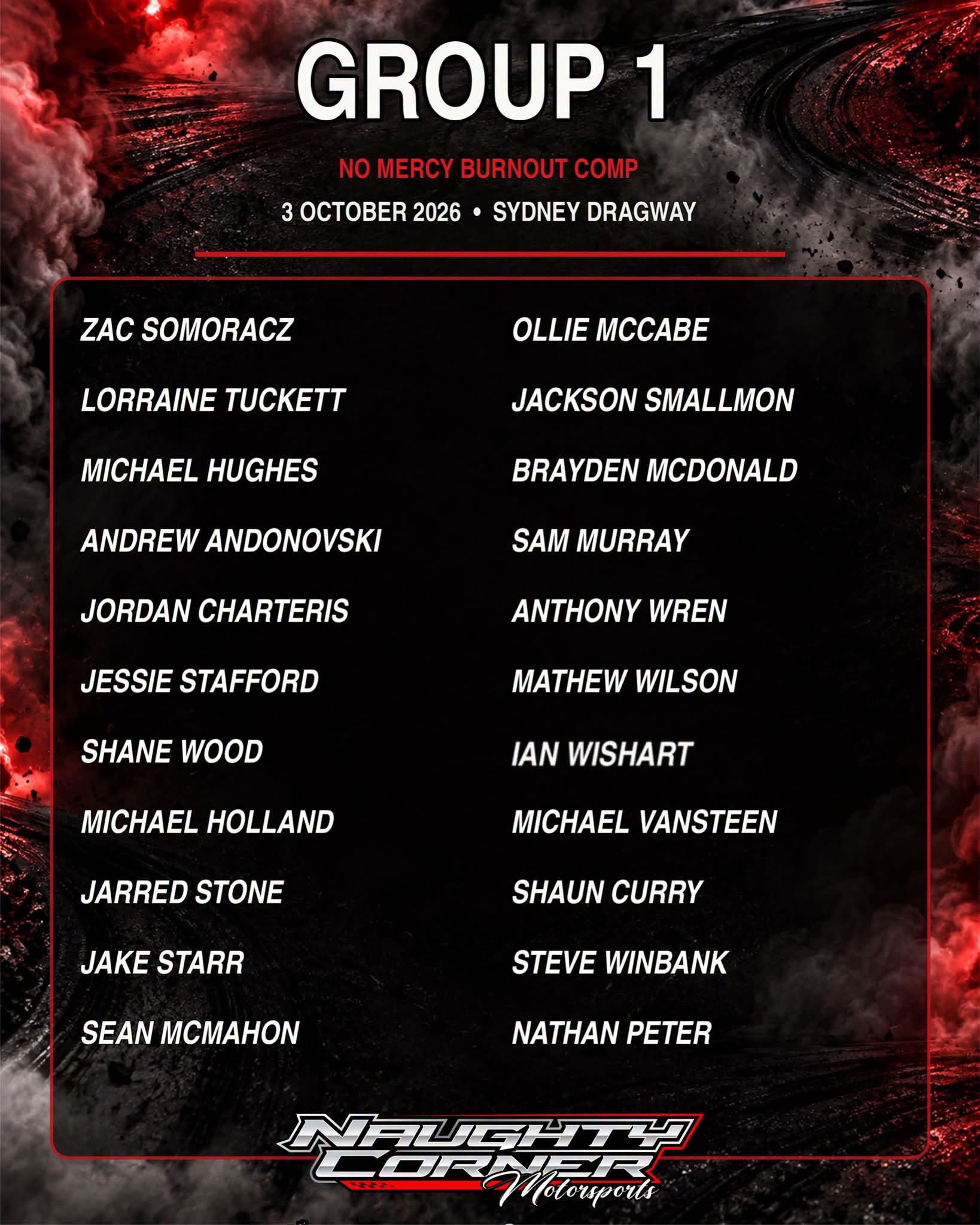 No Mercy Burnout Comp — Muscle spectator event in Sydney, NSW on Saturday 3 October 2026