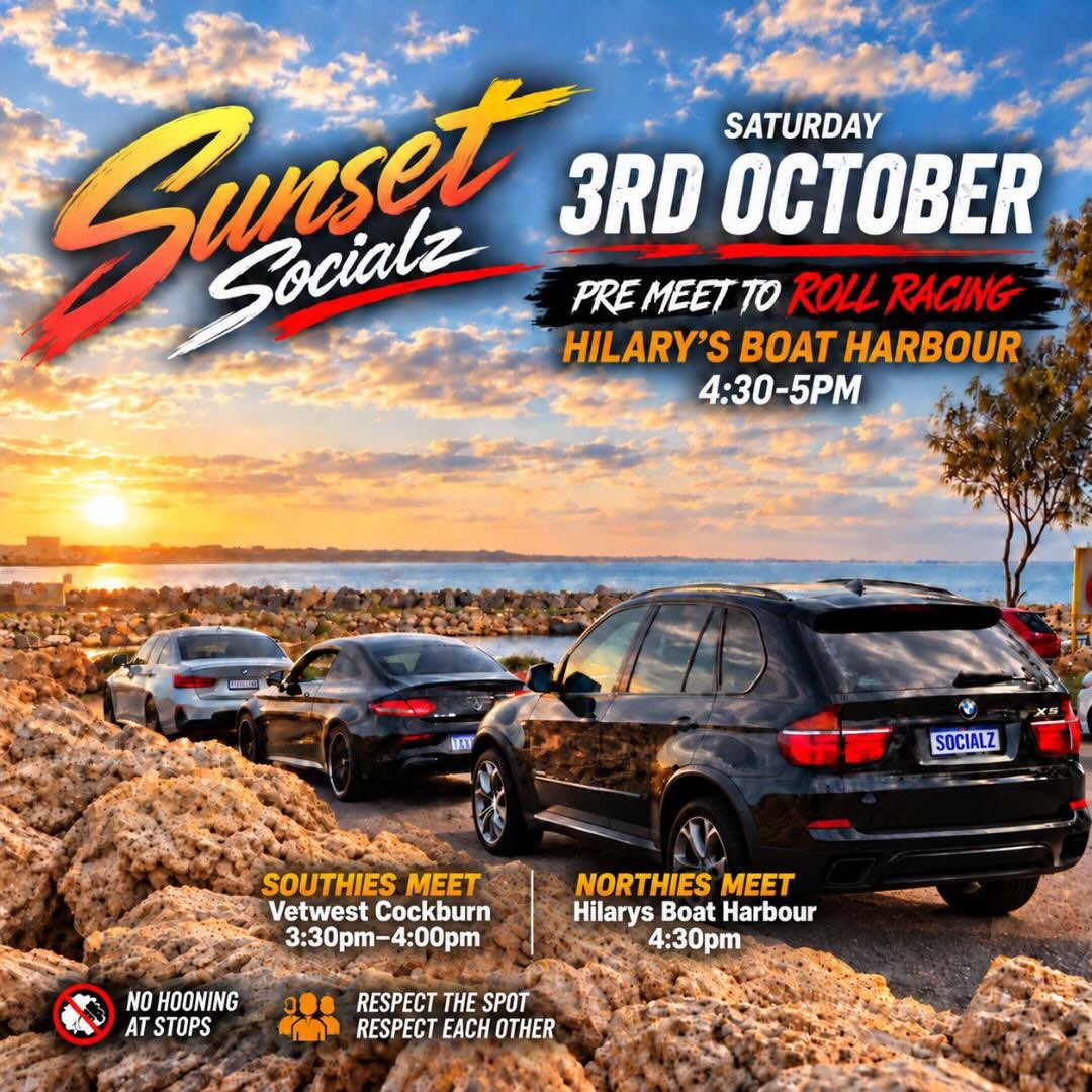 Sunset Socialz Pre Meet to Roll Racing — Euro/JDM car meet in Perth, WA on Saturday 3 October 2026