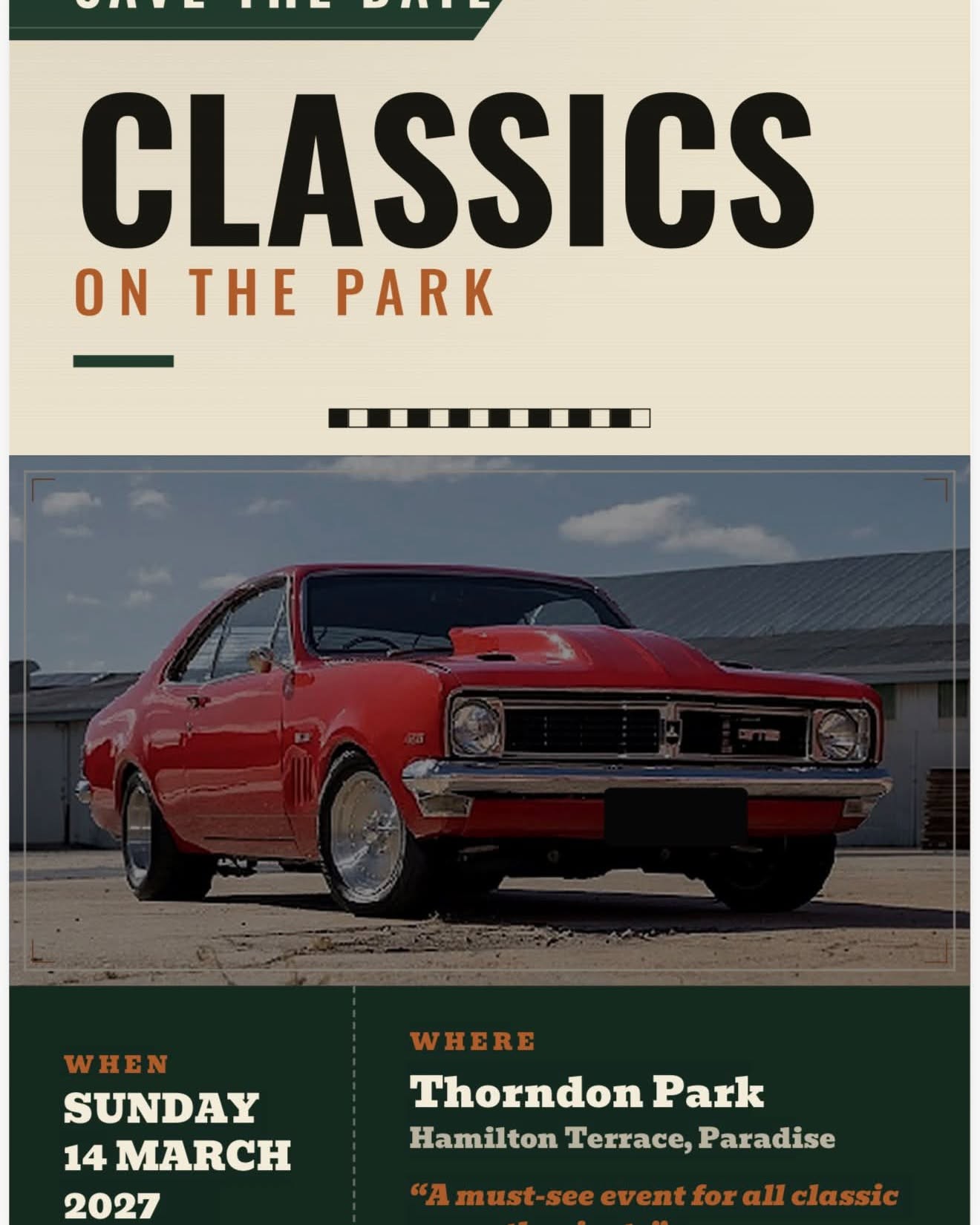 Classics on the Park — Classic/Muscle car meet in Adelaide, SA on Sunday 14 March 2027