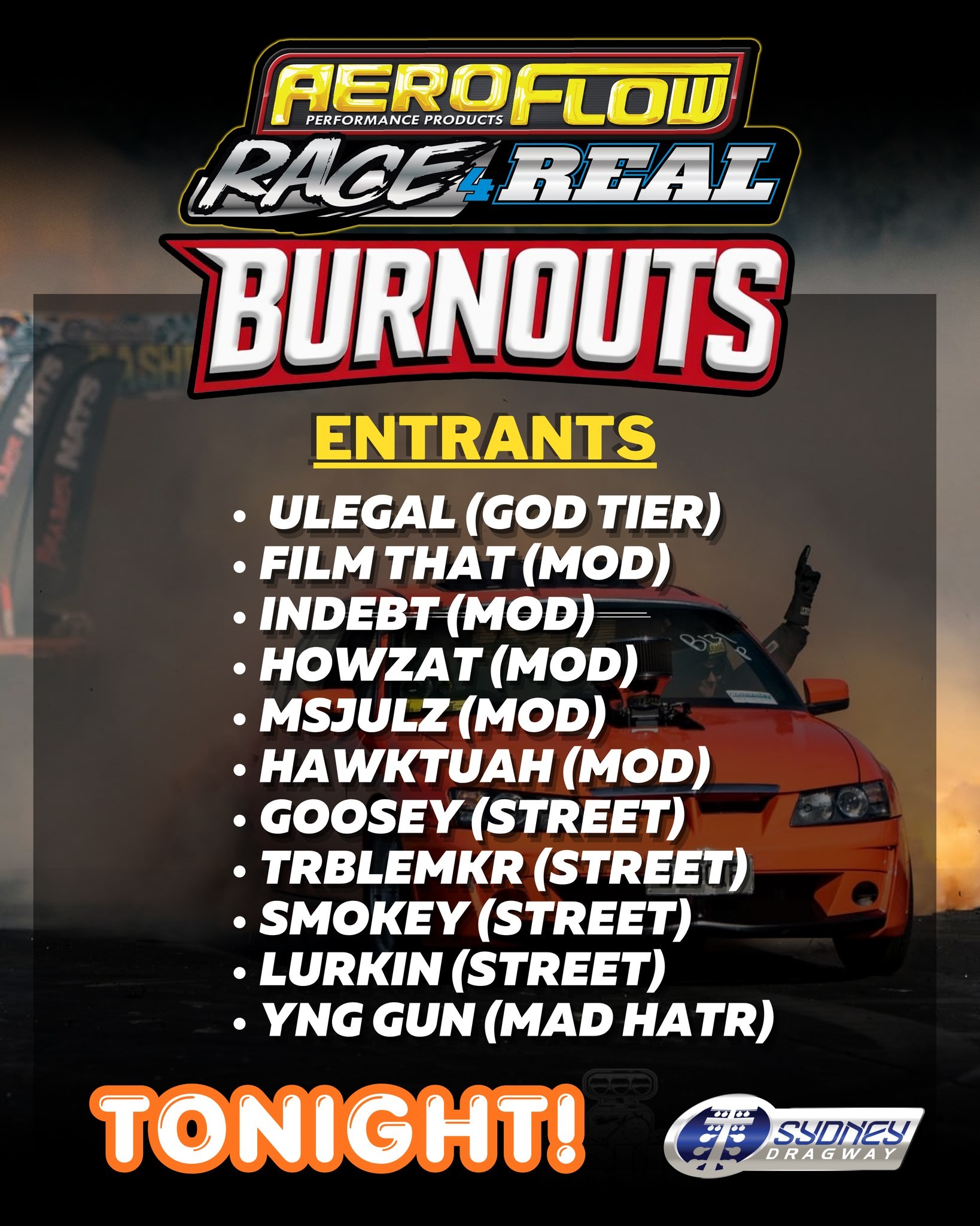 Aeroflow Race 4 Real Burnouts — Muscle track day in Sydney, NSW on Wednesday 9 September 2026