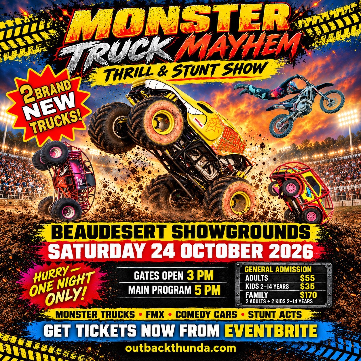 Monster Truck Mayhem — 4x4 spectator event in Brisbane, QLD on Saturday 24 October 2026