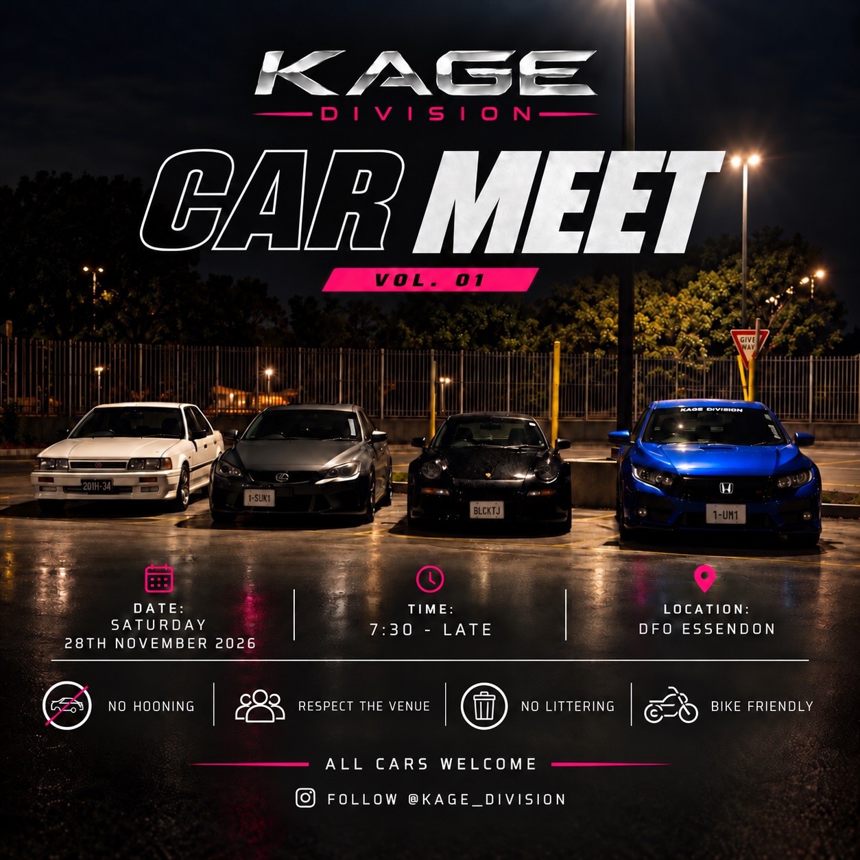 Kage Division Car Meet Vol. 01 — JDM/Euro car meet in Melbourne, VIC on Saturday 28 November 2026