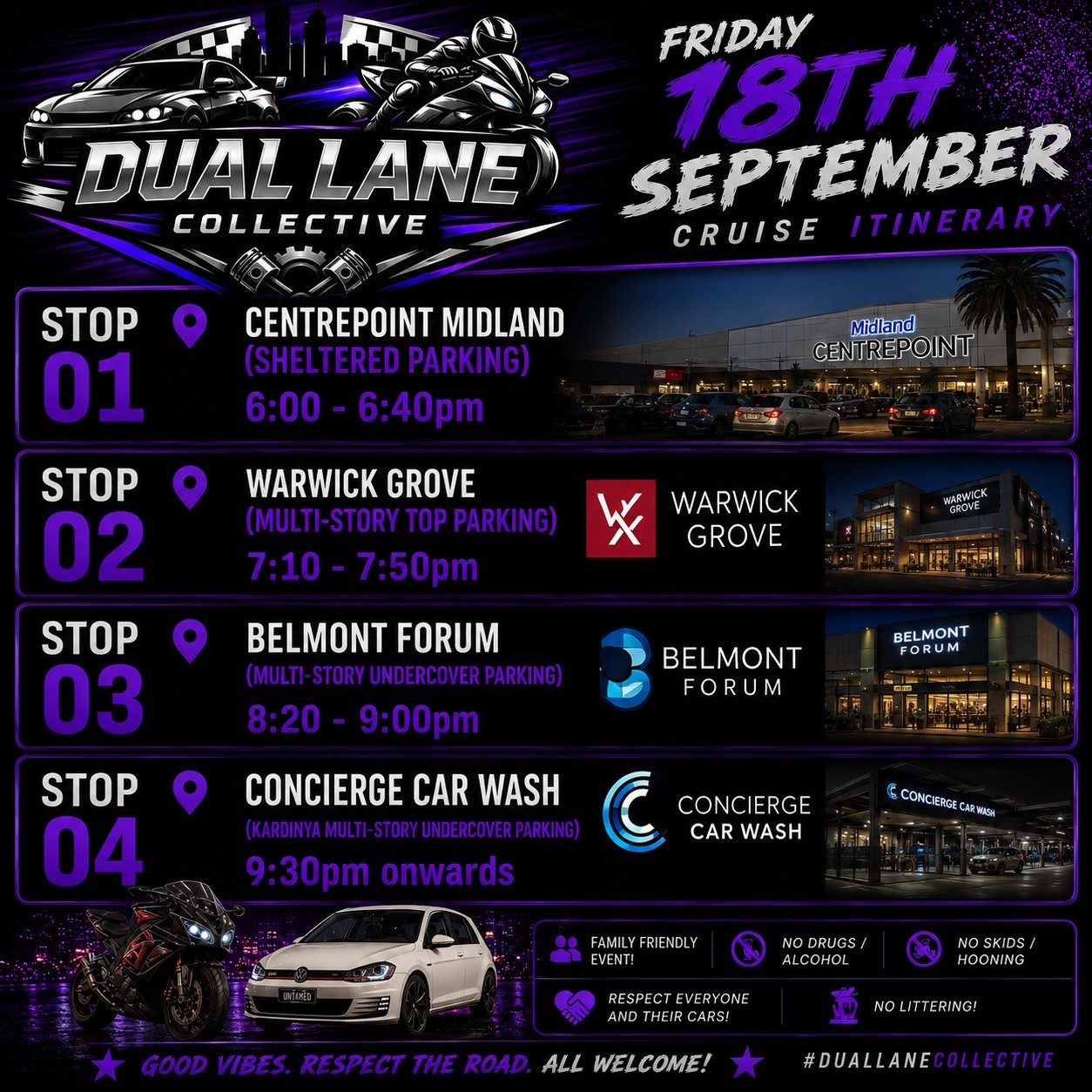 Dual Lane Collective Friday Cruise — JDM car meet in Perth, WA on Friday 18 September 2026