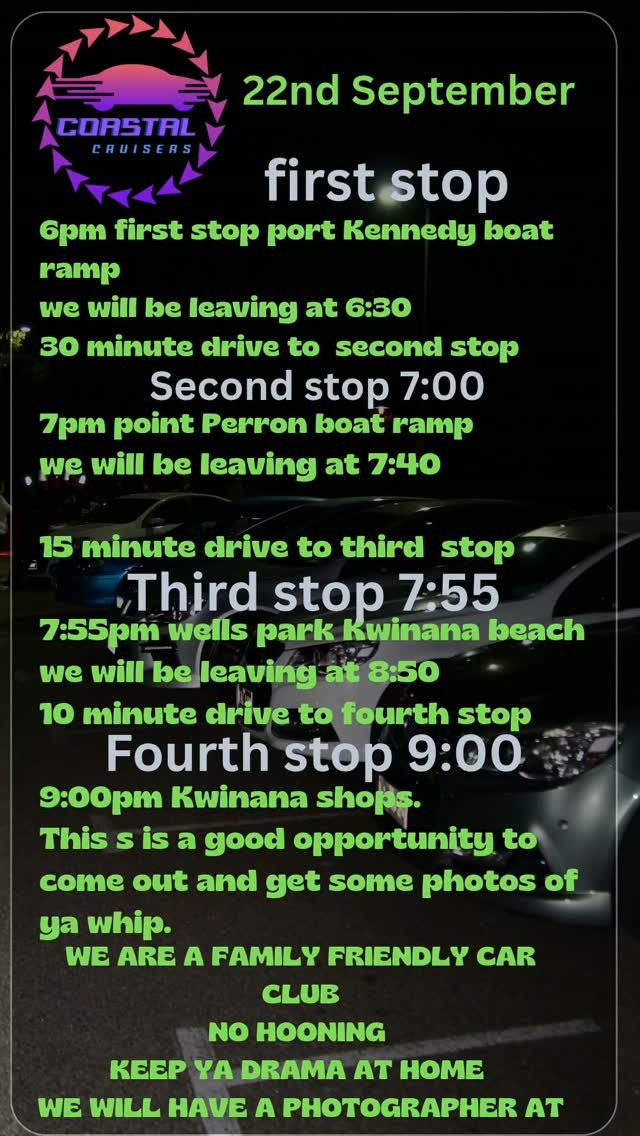 Coastal Cruisers Multi-Stop Cruise — car meet in Perth, WA on Tuesday 22 September 2026