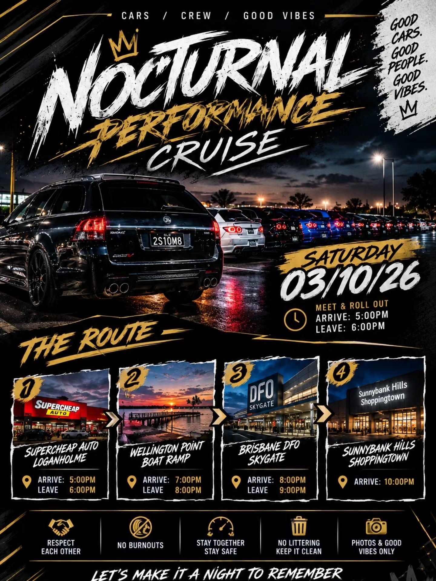 Nocturnal Performance Cruise — JDM car meet in Brisbane, QLD on Saturday 3 October 2026