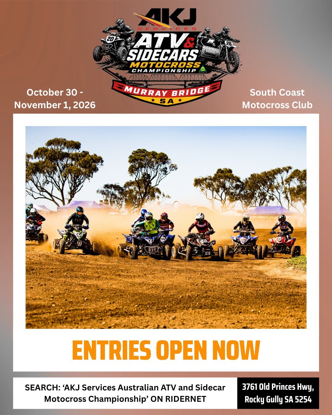 AKJ Services Australian ATV and Sidecar Motocross Championship — spectator event in Adelaide, SA on Friday 30 October 2026