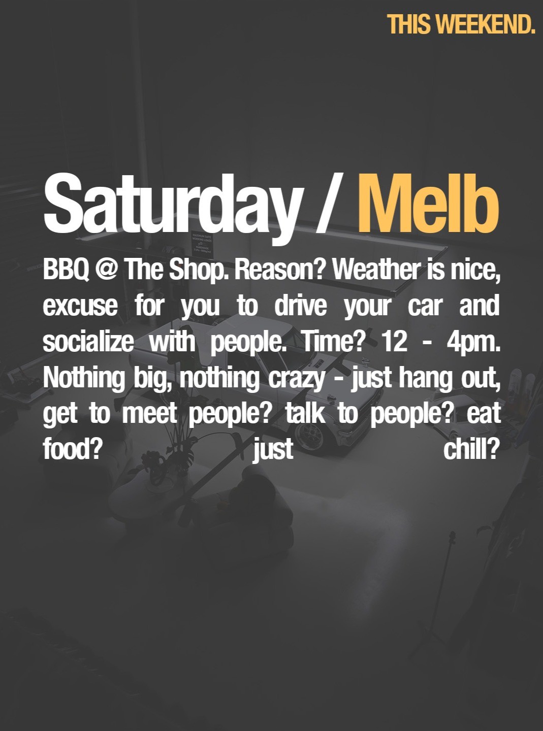 Melbourne BBQ @ The Shop — JDM car meet in Melbourne, VIC on Saturday 19 September 2026