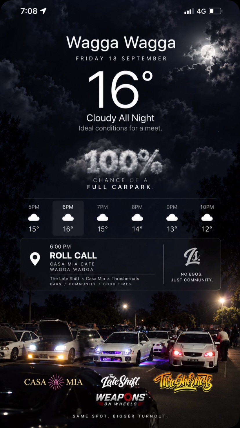 Roll Call — JDM/Muscle car meet in Wagga Wagga, NSW on Friday 18 September 2026