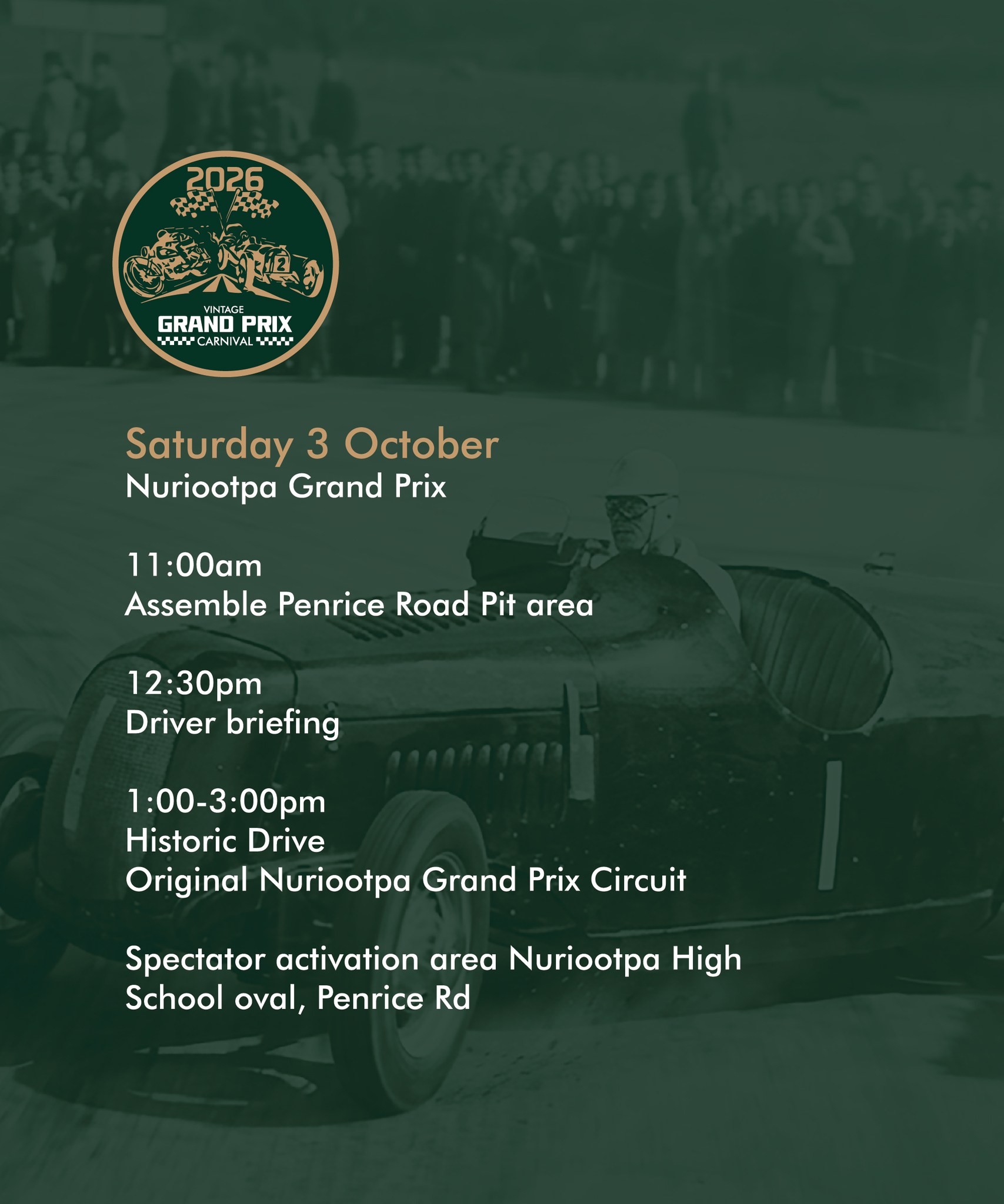 Nuriootpa Grand Prix Carnival — Classic car meet in Adelaide, SA on Saturday 3 October 2026