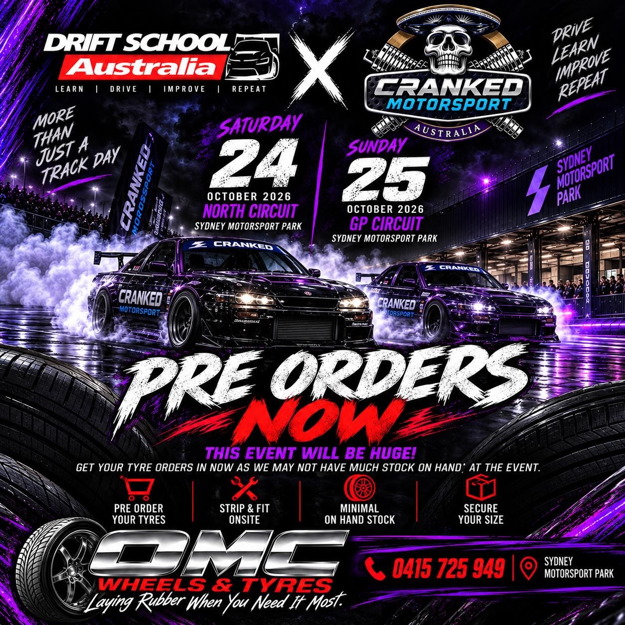 Cranked Motorsport x Drift School Australia Track Weekend — JDM track day in Sydney, NSW on Saturday 24 October 2026