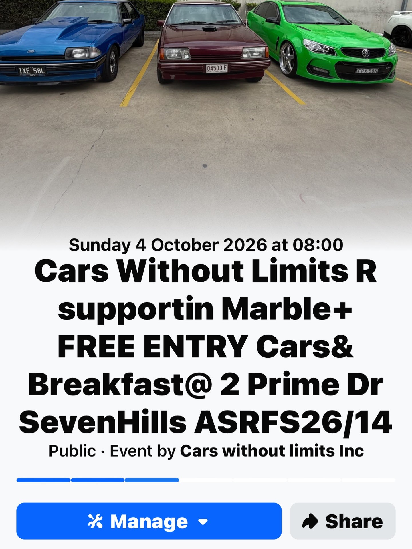 Cars Without Limits R supportin Marble+ FREE ENTRY Cars& Breakfast — Muscle/Classic car meet in Sydney, NSW on Sunday 4 October 2026