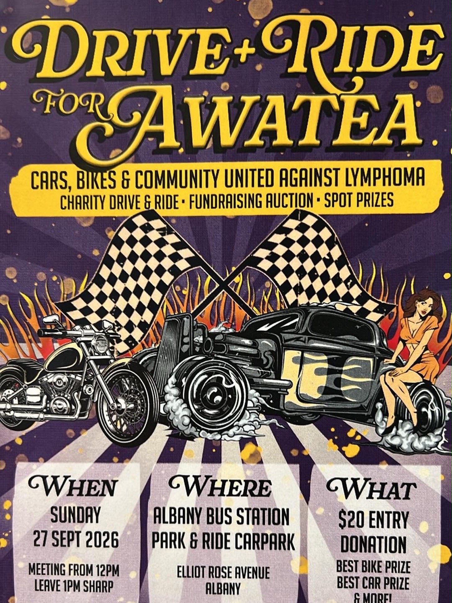 Drive + Ride for Awatea — Classic/Muscle car meet in International on Sunday 27 September 2026