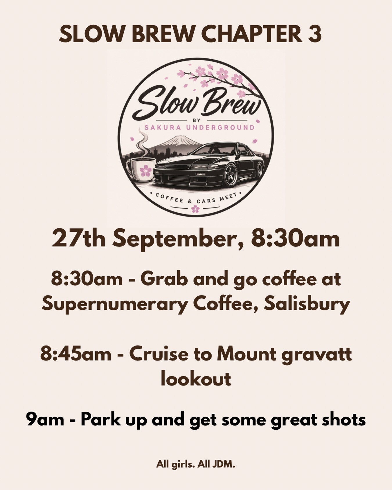 Slow Brew Chapter 3 — JDM car meet in Brisbane, QLD on Sunday 27 September 2026
