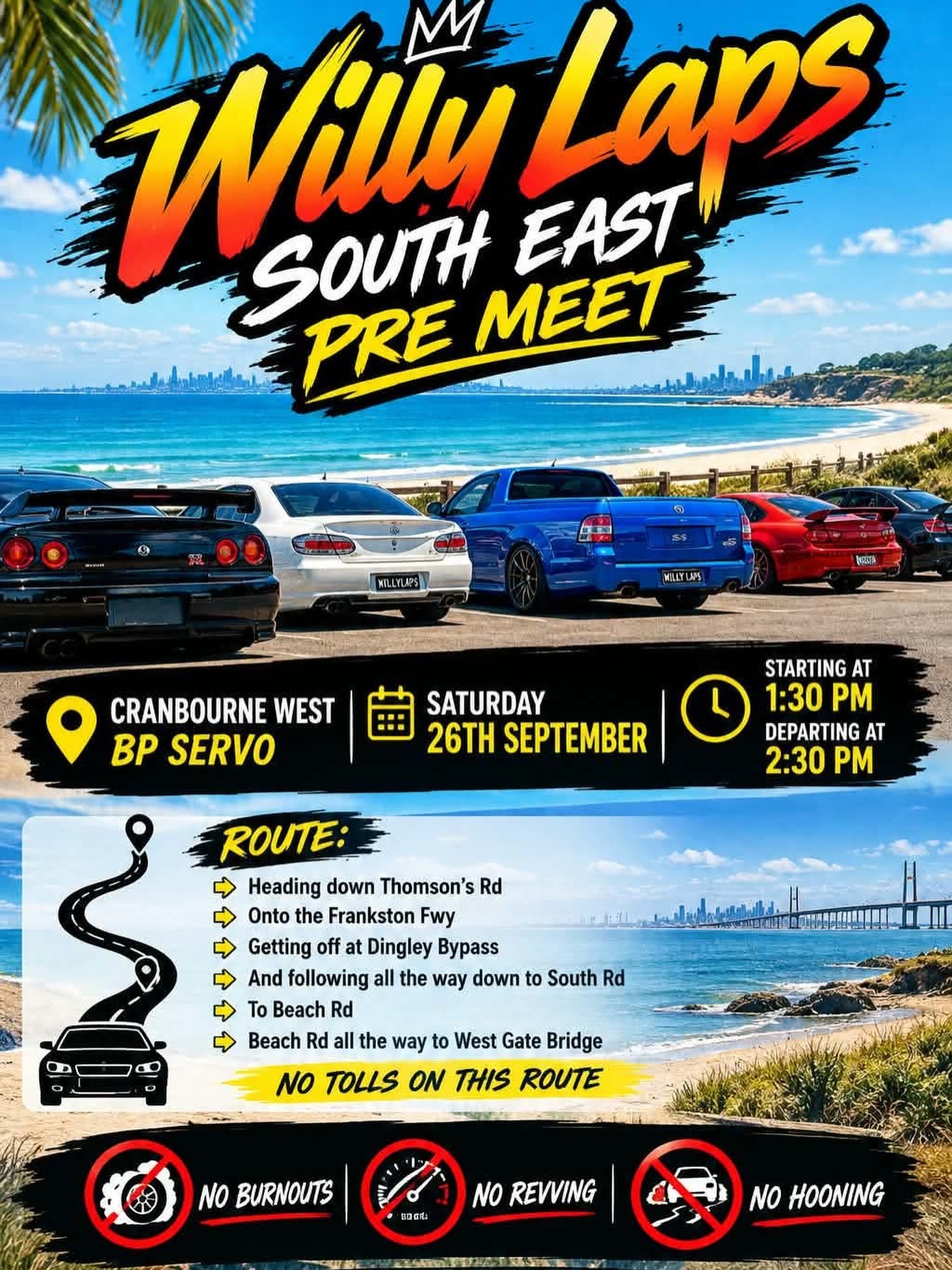 Willy Laps South East Pre Meet — Muscle/JDM car meet in Melbourne, VIC on Saturday 26 September 2026