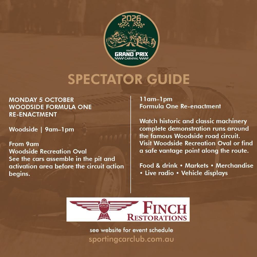 Woodside Formula One Re-enactment — Classic spectator event in Adelaide, SA on Monday 5 October 2026