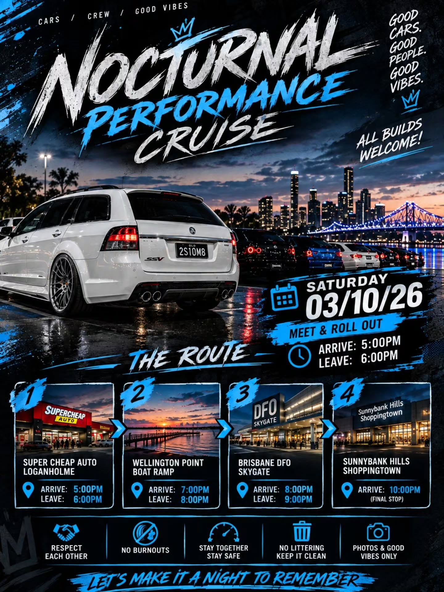Nocturnal Performance Cruise — JDM car meet in Brisbane, QLD on Saturday 3 October 2026
