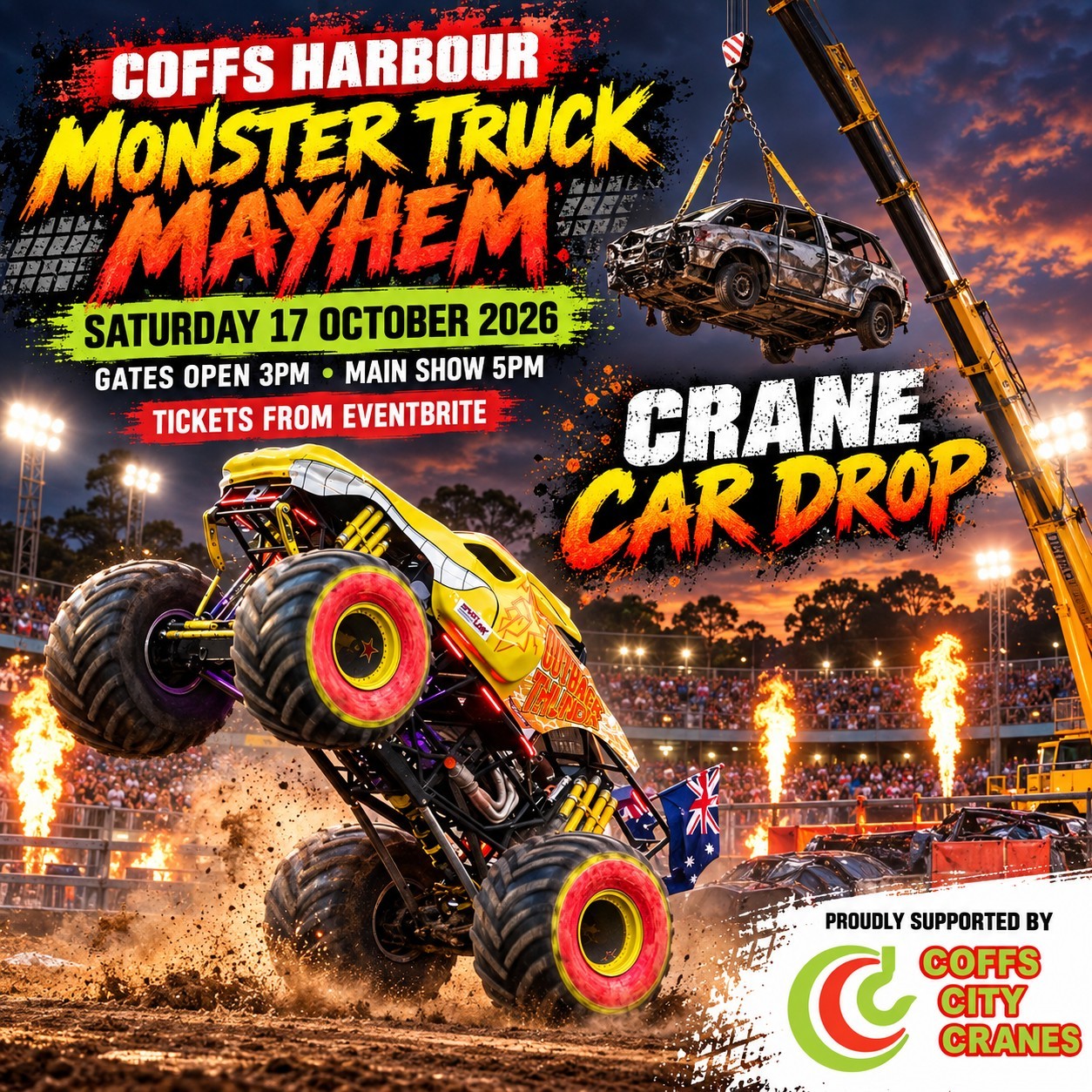 Monster Truck Mayhem — 4x4 spectator event in Coffs Harbour, NSW on Saturday 17 October 2026