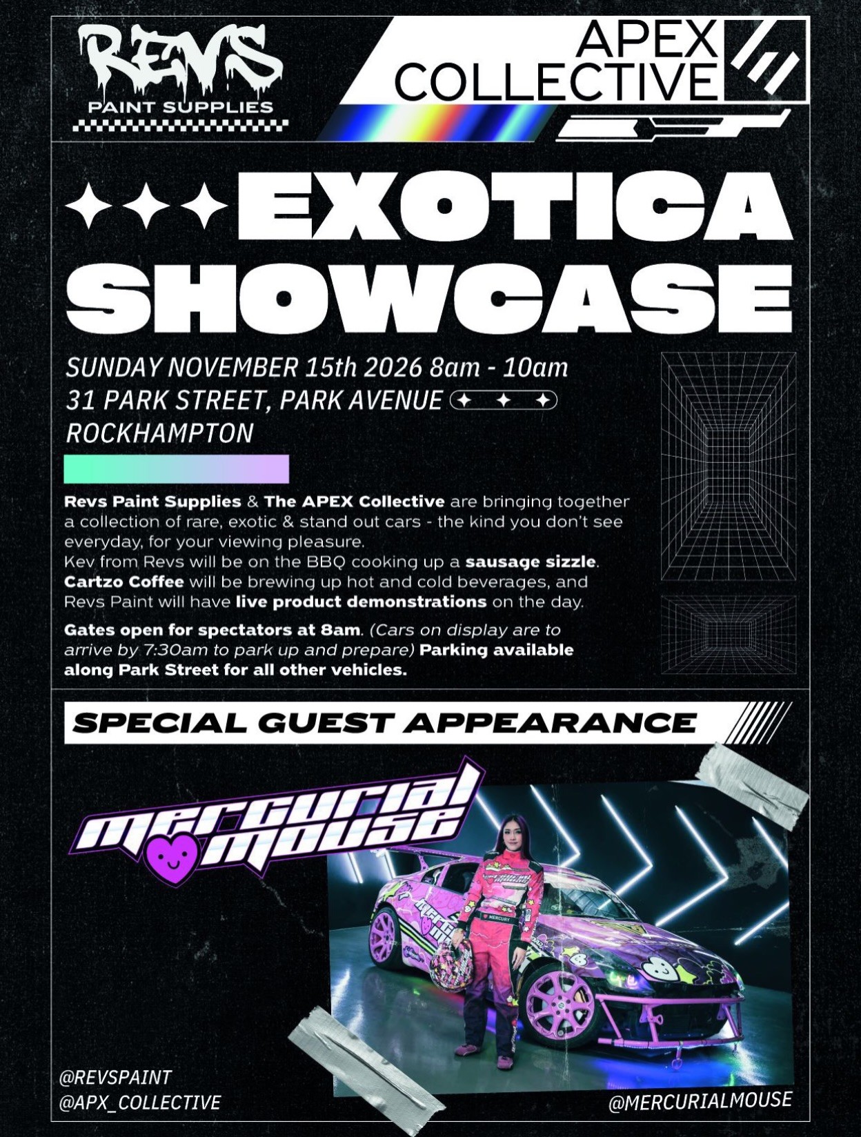 Revs Paint Supplies x APEX Collective Exotica Showcase — Exotic car meet in Brisbane, QLD on Sunday 15 November 2026