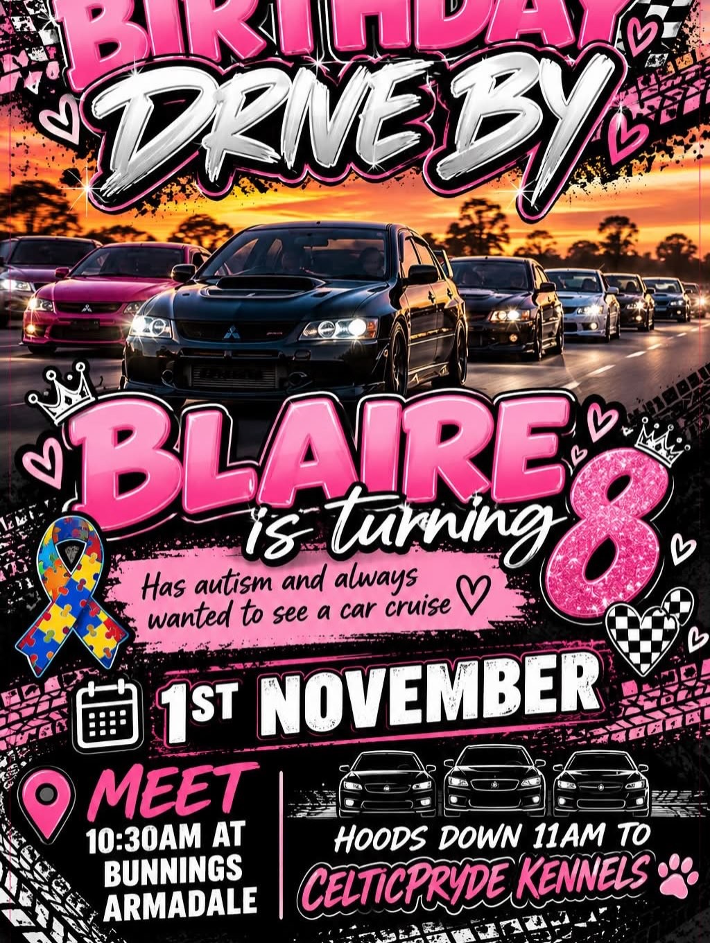 Blaire's 8th Birthday Drive By — Stance/JDM car meet in Perth, WA on Sunday 1 November 2026