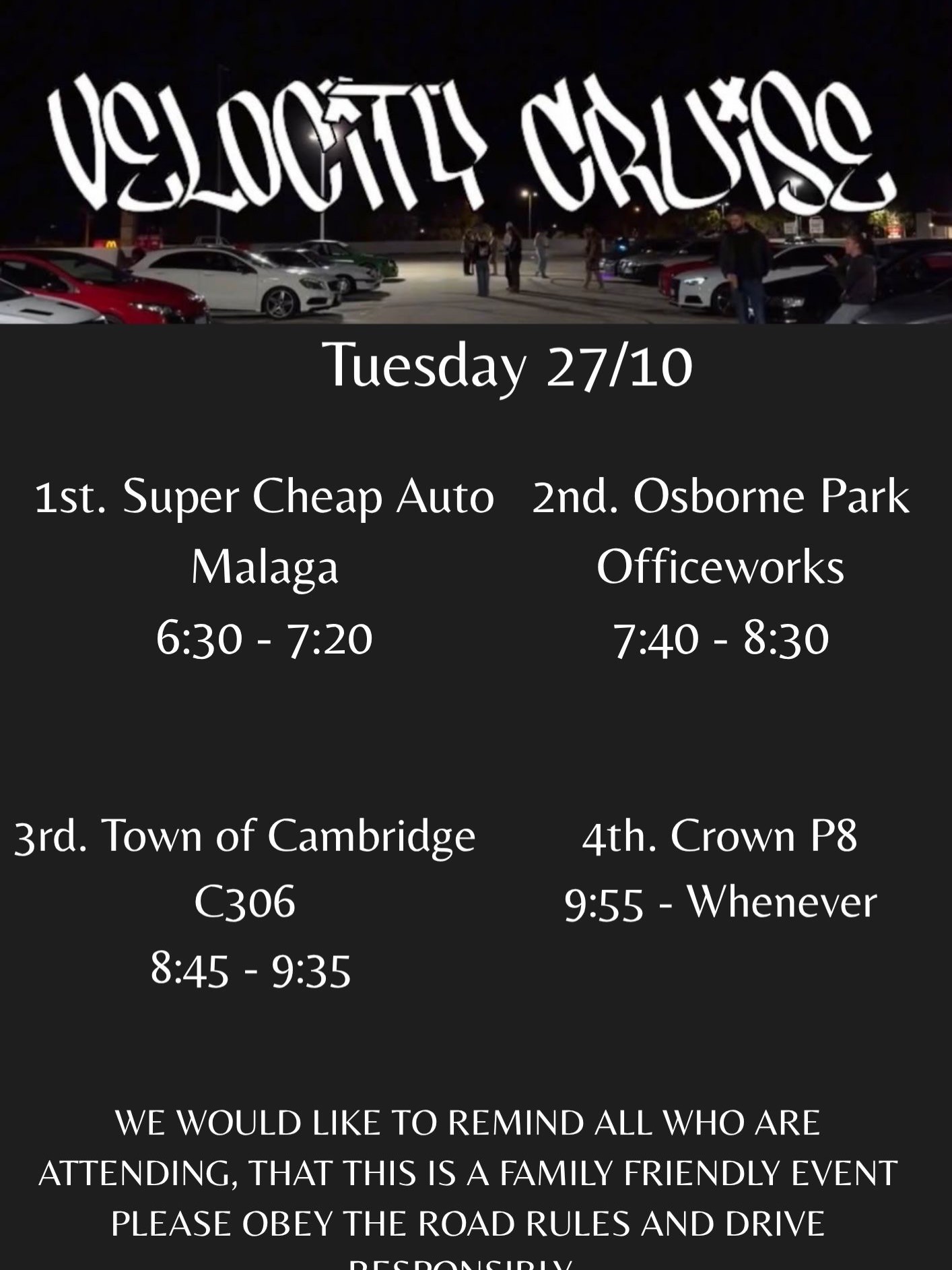 Velocity Cruise — car meet in Perth, WA on Tuesday 27 October 2026