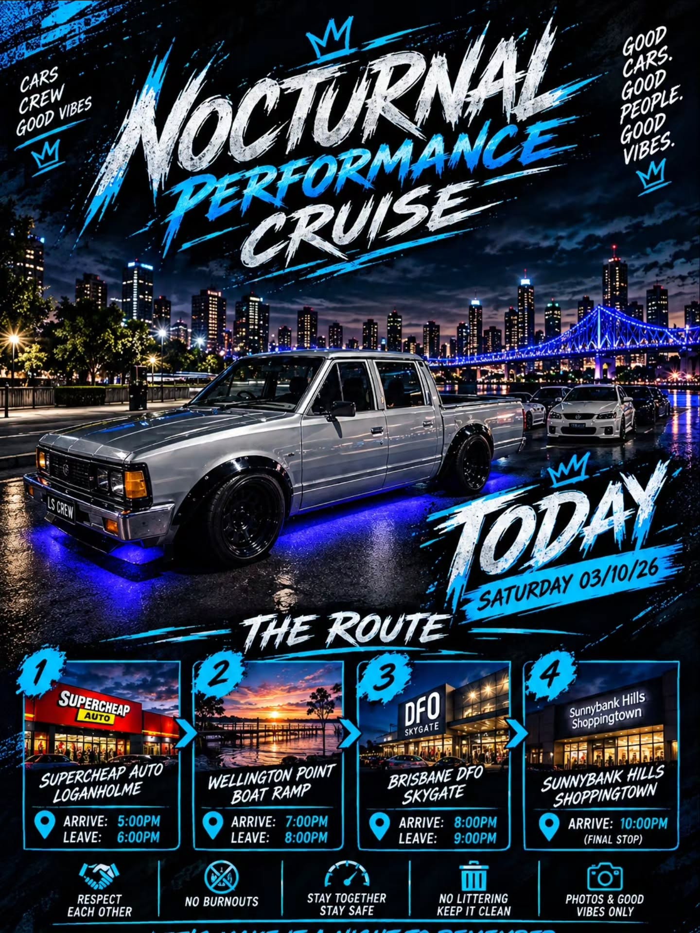 Nocturnal Performance Cruise — JDM car meet in Brisbane, QLD on Saturday 3 October 2026