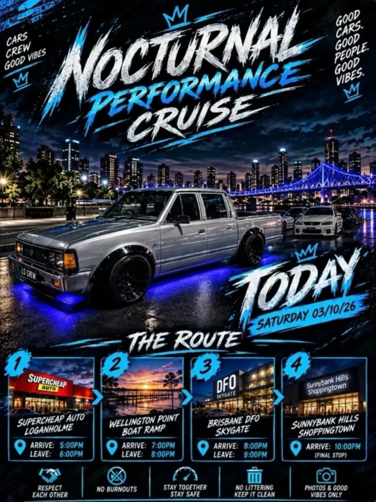 Nocturnal Performance Cruise — JDM car meet in Brisbane, QLD on Saturday 3 October 2026