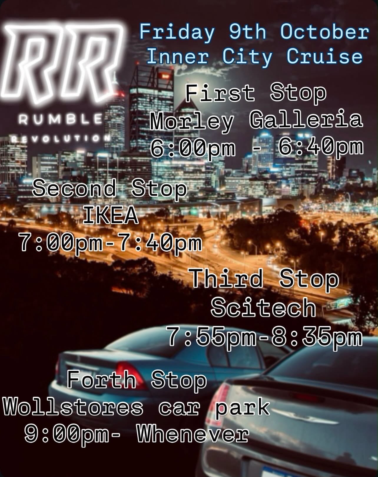 Inner City Cruise — JDM car meet in Perth, WA on Friday 9 October 2026