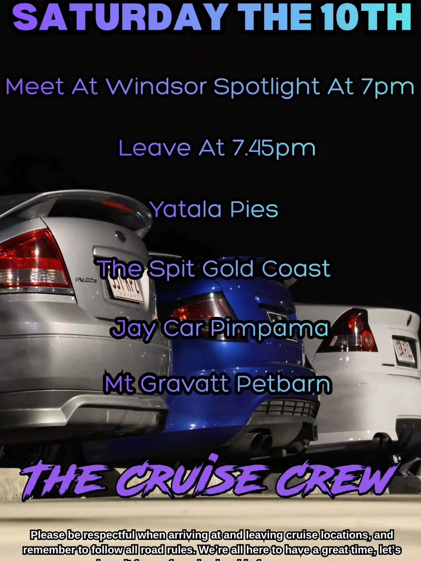 Saturday Night Cruise — JDM car meet in Brisbane, QLD on Saturday 10 October 2026