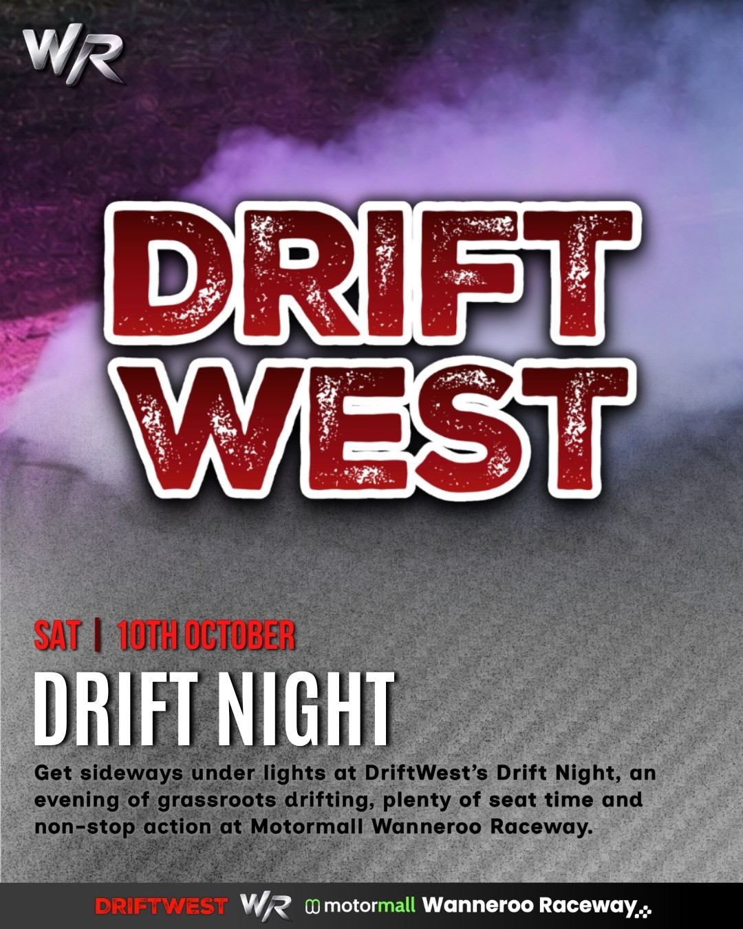 DriftWest Drift Night — JDM track day in Perth, WA on Saturday 10 October 2026