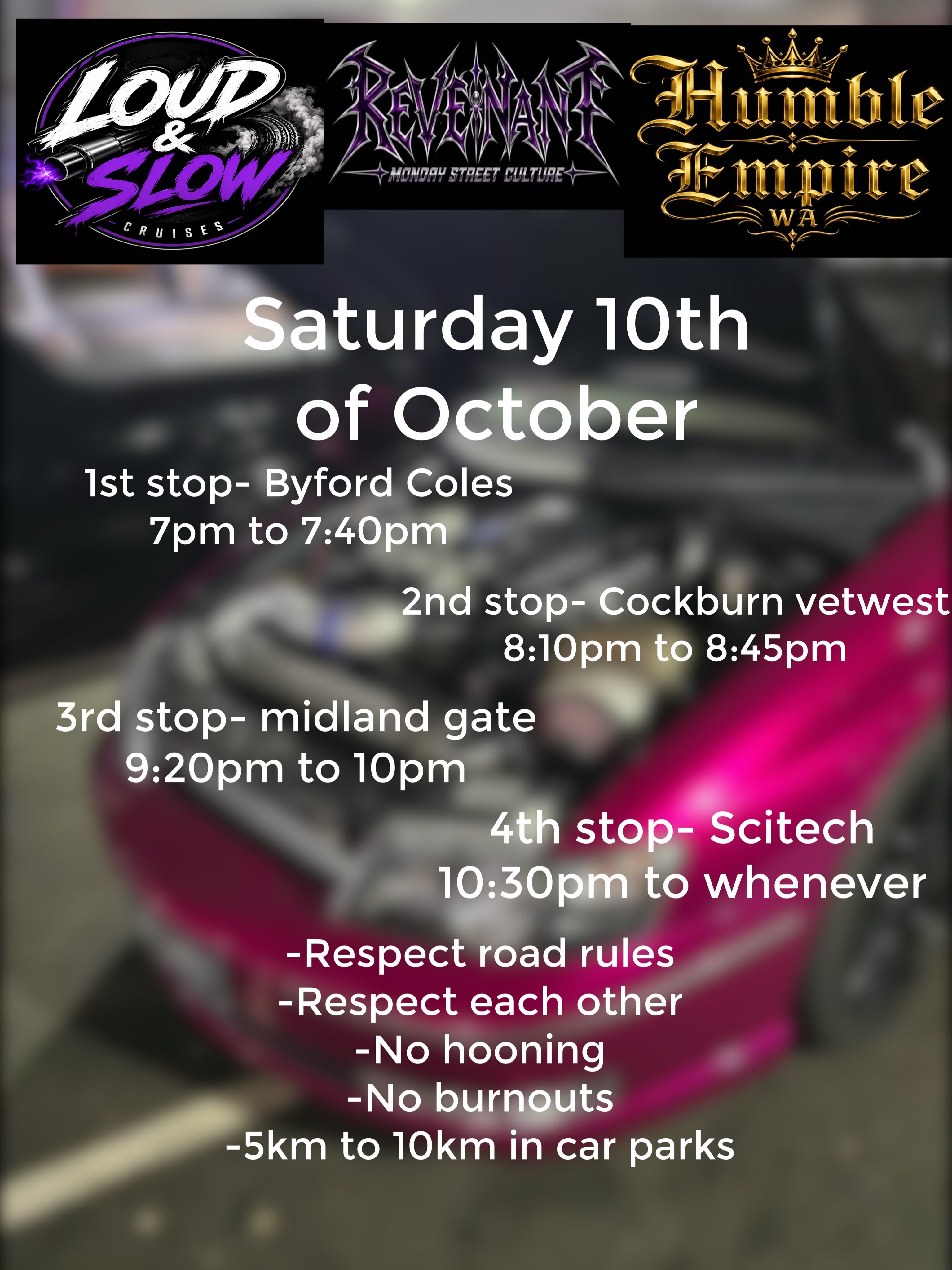 Loud & Slow x Revenant x Humble Empire Cruise — Stance/JDM car meet in Perth, WA on Saturday 10 October 2026